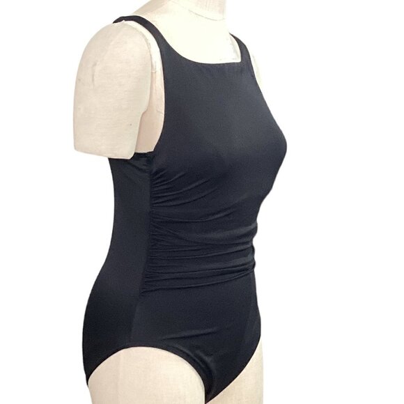 Lands' End Ruched One-Piece Swimsuit Modest High Neck Sz 8 Black 184C - Picture 3 of 6